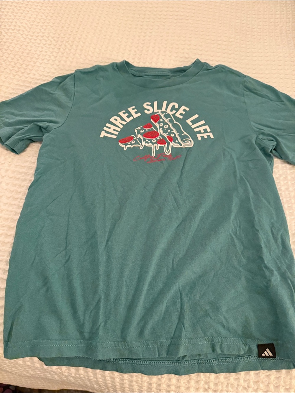 adidas Teal Graphic Tee with Pizza Slice Print